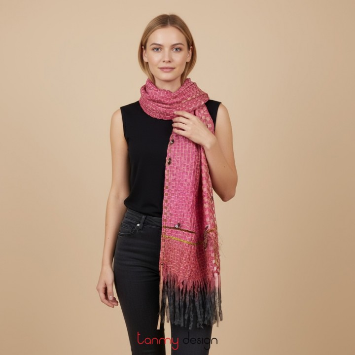 Khăn nhung phối lụa organza đan tay đính cúc lười Kim Long hồng